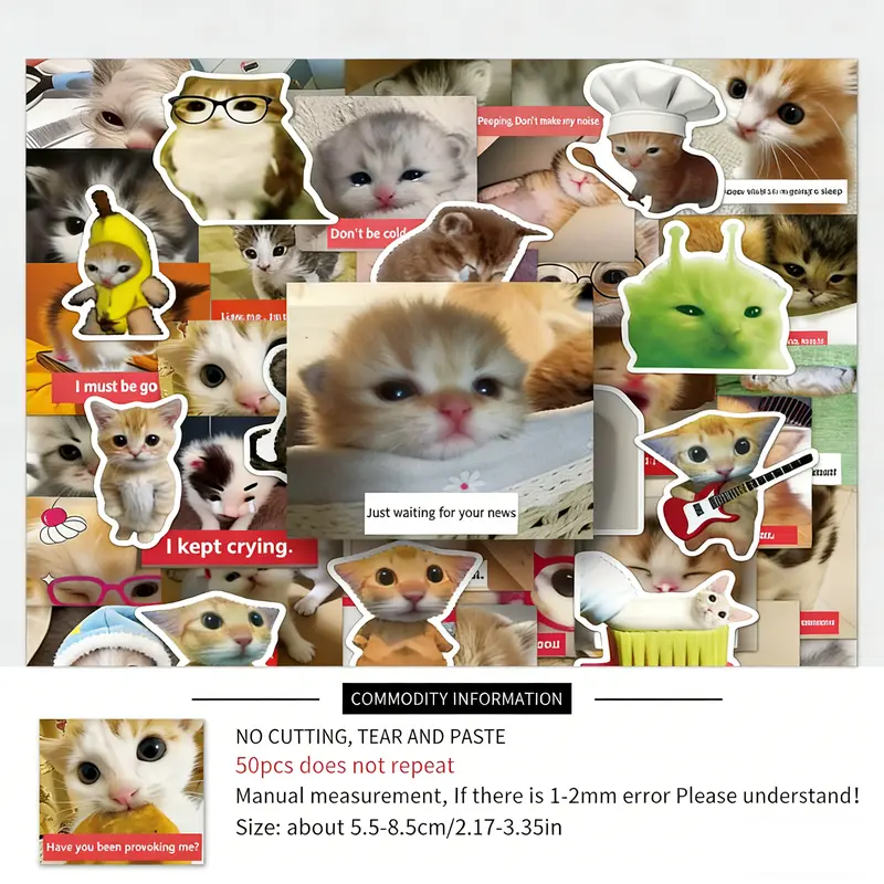 50 PCS Premium Cute Cat Meme Stickers - Funny Meme Cats,  Perfect for Decorating Phone Case, Laptop, Skateboard, Gift Idea