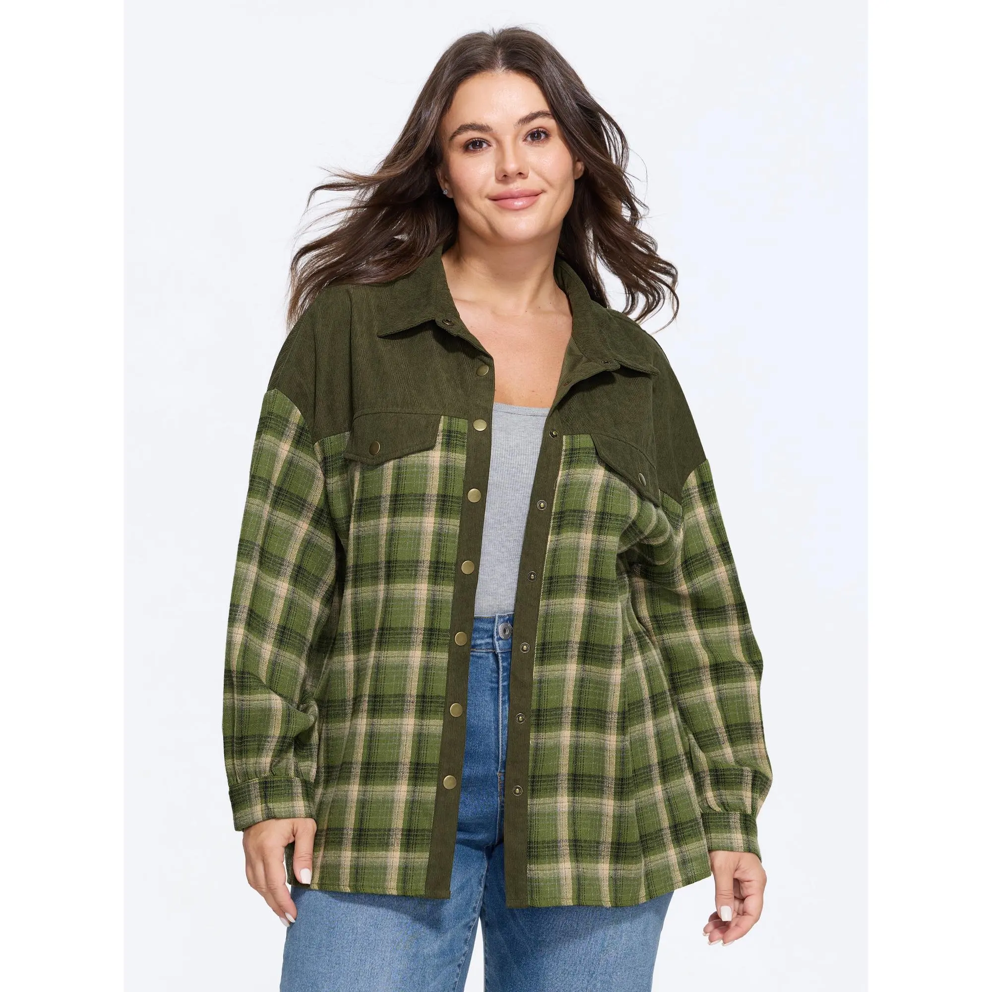BloomChic Plaid Corduroy Patchwork Button Down Jacket 【M-6XL】 BloomChic Plaid Corduroy Patchwork Button Down Jacket 【M-6XL】