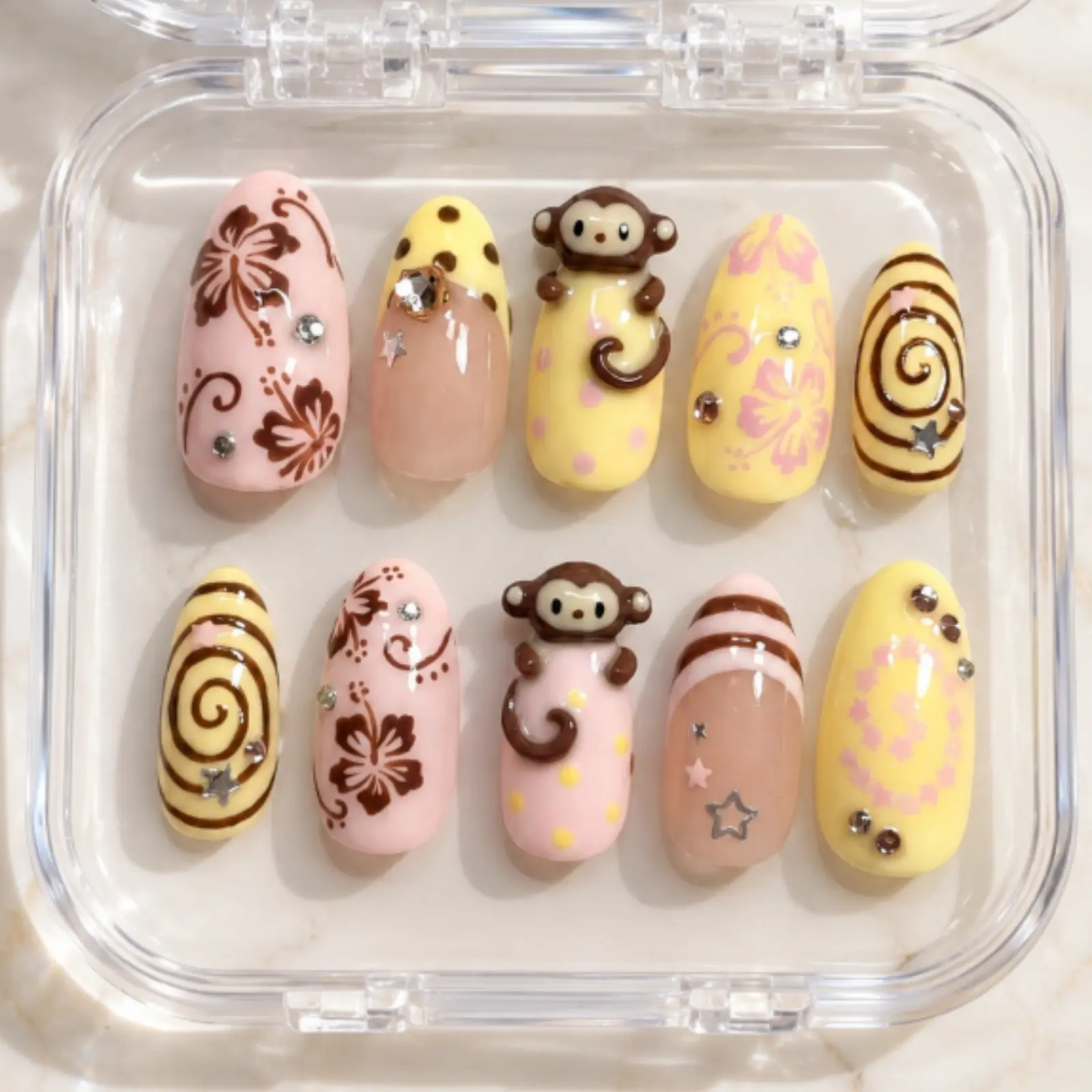 Tropical Monkey Press On Nails, Hibiscus Floral Art, Pastel Yellow Pink Design, Cute Cartoon Animal Charm, Handmade Summer Vacation Nail Set