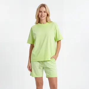 Holafish Gradient Dirty Wash Cotton Set Unisex Summer Short Sleeve T Shirt and Shorts Neon Green