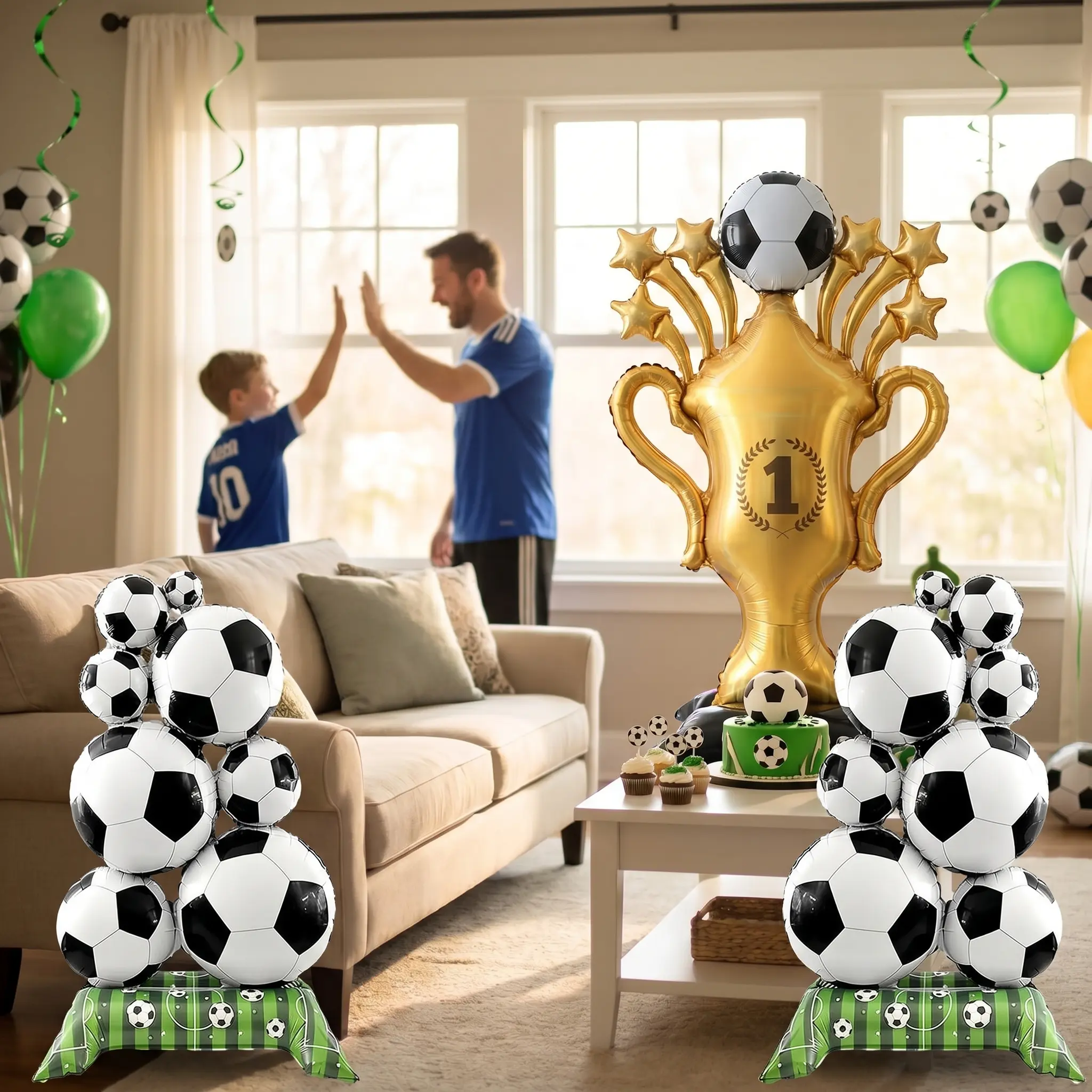 3Pcs 59-Inch Self-Sealing Aluminium Irregular Standing Soccer Balloons Set - Sports Ball Decor, Champion Trophy Centerpiece for Soccer Party Supplies