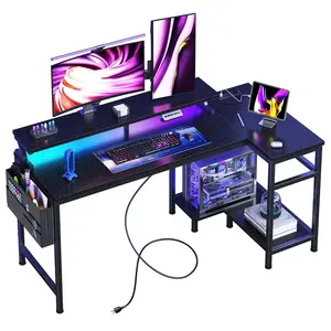 Gaming Desk, Computer Desk with USB Charging Ports, Power Outlets, Type-C and LED Lights, Reversible L Shaped Desk with Storage Shelves & Monitor Stand for Office, Gaming Room