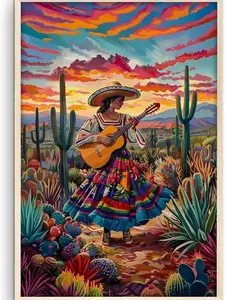 Mexican Woman Wall Art, Colorful Mexico Southwestern Traditional Artwork Posters, Mexica Home Office Bedroom Decor, Southwest Boho Mexican Folk Art Desert Sunset Wall Art (UNFRAMED)