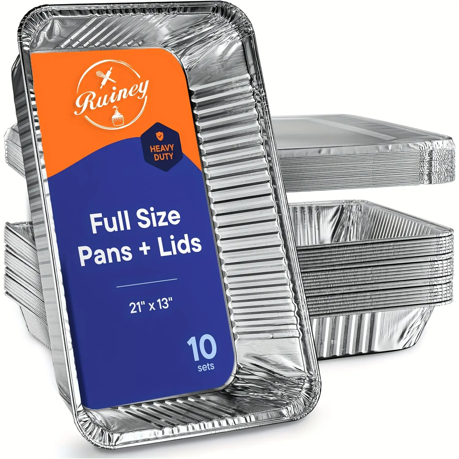 10-Pack Full-Size Extra Heavy-Duty Aluminum Deep Foil Pans with Lids, 21"x13" Disposable Cookware for Caterers, Buffets, Roasting, Baking, Steam Tables