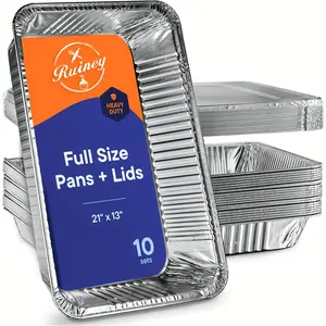 10 PACK Aluminum Deep Foil Pans Full Size With Aluminum Lids, Large Disposable Roasting & Baking Pan, 21"x13" Extra Heavy Duty Chafing Trays for Hotels, Restaurants, Caterers, Steam Table, Buffets & Bakeware