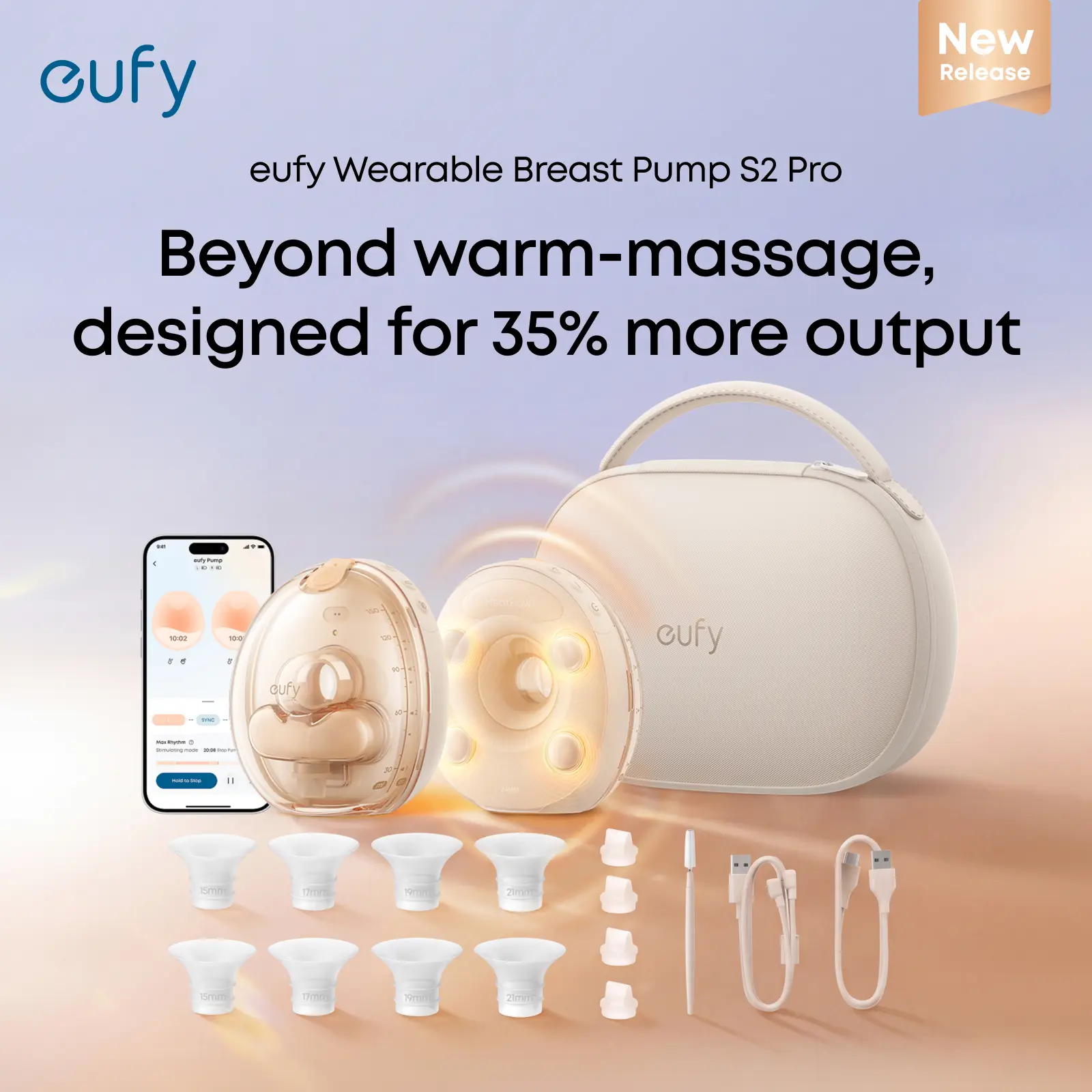 [Exclusive bundle] eufy S2 Pro Heated Massage Wearable Breast Pump, Wireless Rechargeable Pump with Charging Case, Nipple Light, DIY Rhythm, Full Milk & Leak Alert, Wireless Charging Case, 7-Day Battery, App Control Wireless Rechargeable Pump