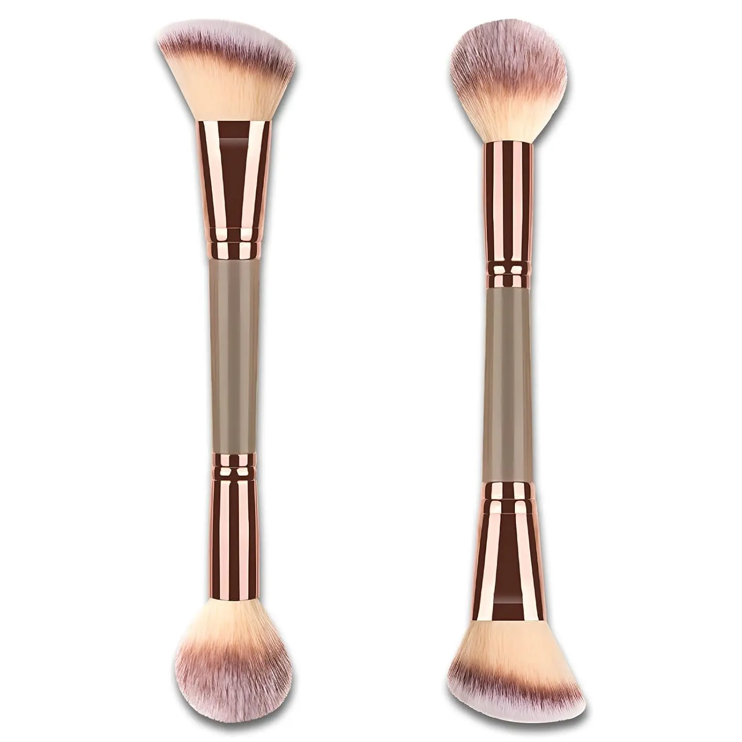 Champagne Gold Dual Brush Set - Cosmetic Brush with Angled/Round Tops, Brown Wand, Multifunctional Tool for Liquid/Powder Blending, Precision Powder Applicator, Multifunctional Makeup Brush