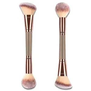 Champagne Gold Double-Ended Foundation Makeup Brush Set, Angled/Round Top for Liquid, Powder & Cream Blending, Brown Wand, All-in-One Double-Ended Blush & Powder Brush Set