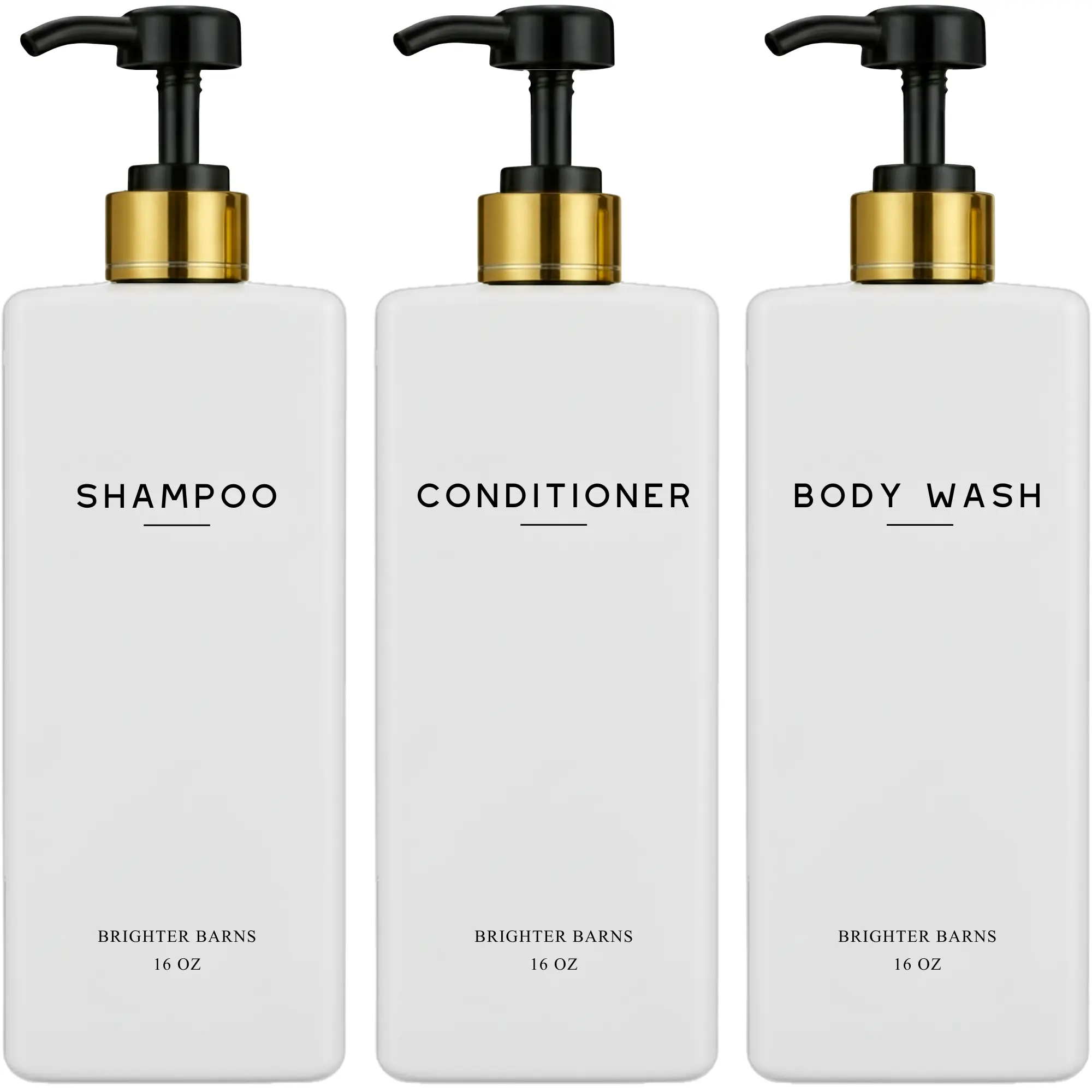 White Shampoo and Conditioner Dispenser Set by Brighter Barns - Refillable Shampoo and Conditioner Bottles - Reusable Shower Soap Dispenser in Hotel, Gold Bathroom, Guest House, Modern Airbnb (White)