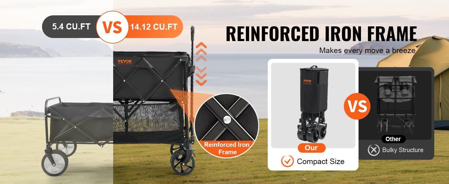 VEVOR Foldable Double Decker Wagon, TikTokShopBlackFriday, 400L Collapsible Wagon Cart with All-Terrain Wheels, Heavy Duty Folding Wagon Cart 350 lbs Weight Capacity for Camping, Shopping, Garden, 52" Extra Long Extender Outdoor Picnic Storage