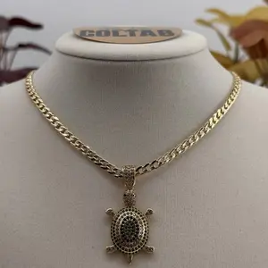 (93) 14K Gold Plated Turtle Pendant with Rhinestone for Women with Cuban Chain 4mm