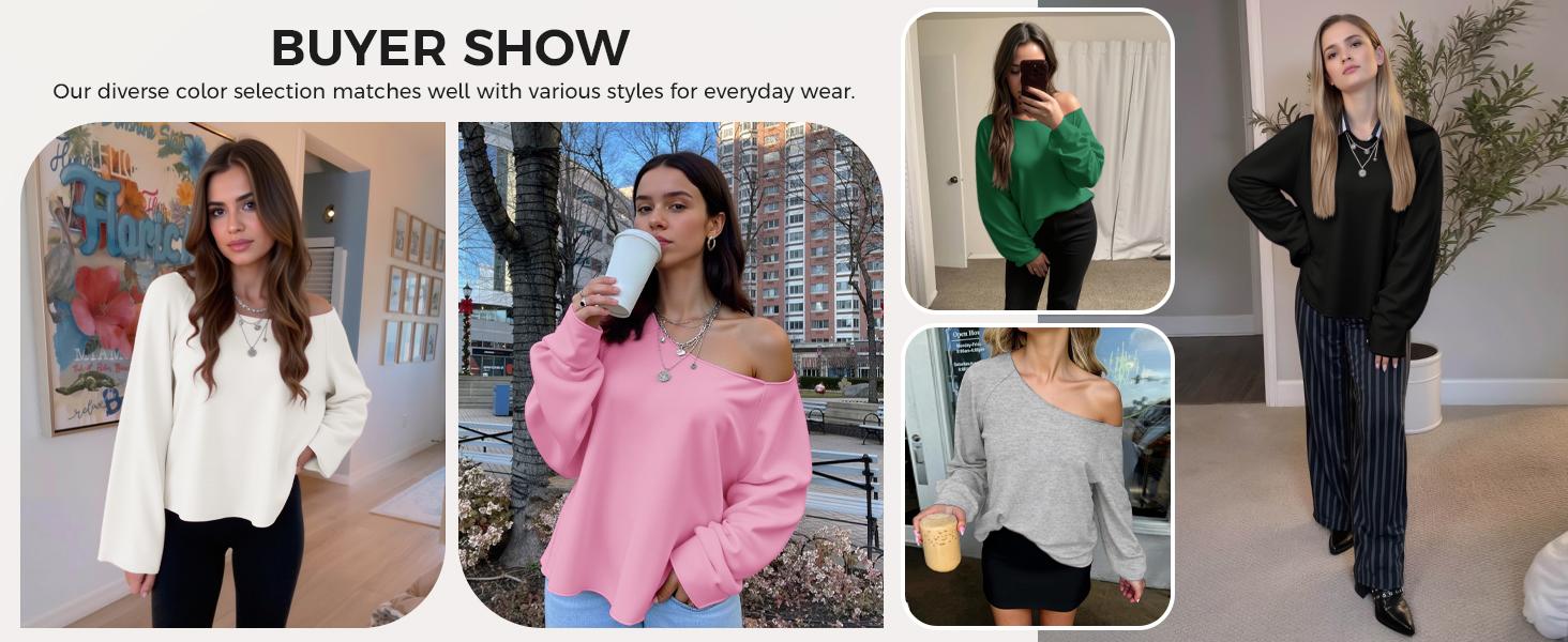 Fisoew Sports Summer Spring Women's Off-Shoulder Thin Sweatshirt/Tees, Wide Neckline Loose Pullover, Long Sleeve Y2k Fashion Loose Fit Top, SpringStatements Jeans Ash Gray Hoodie Beachy Hoodie Athletic Style Activewear Athletic Outfit