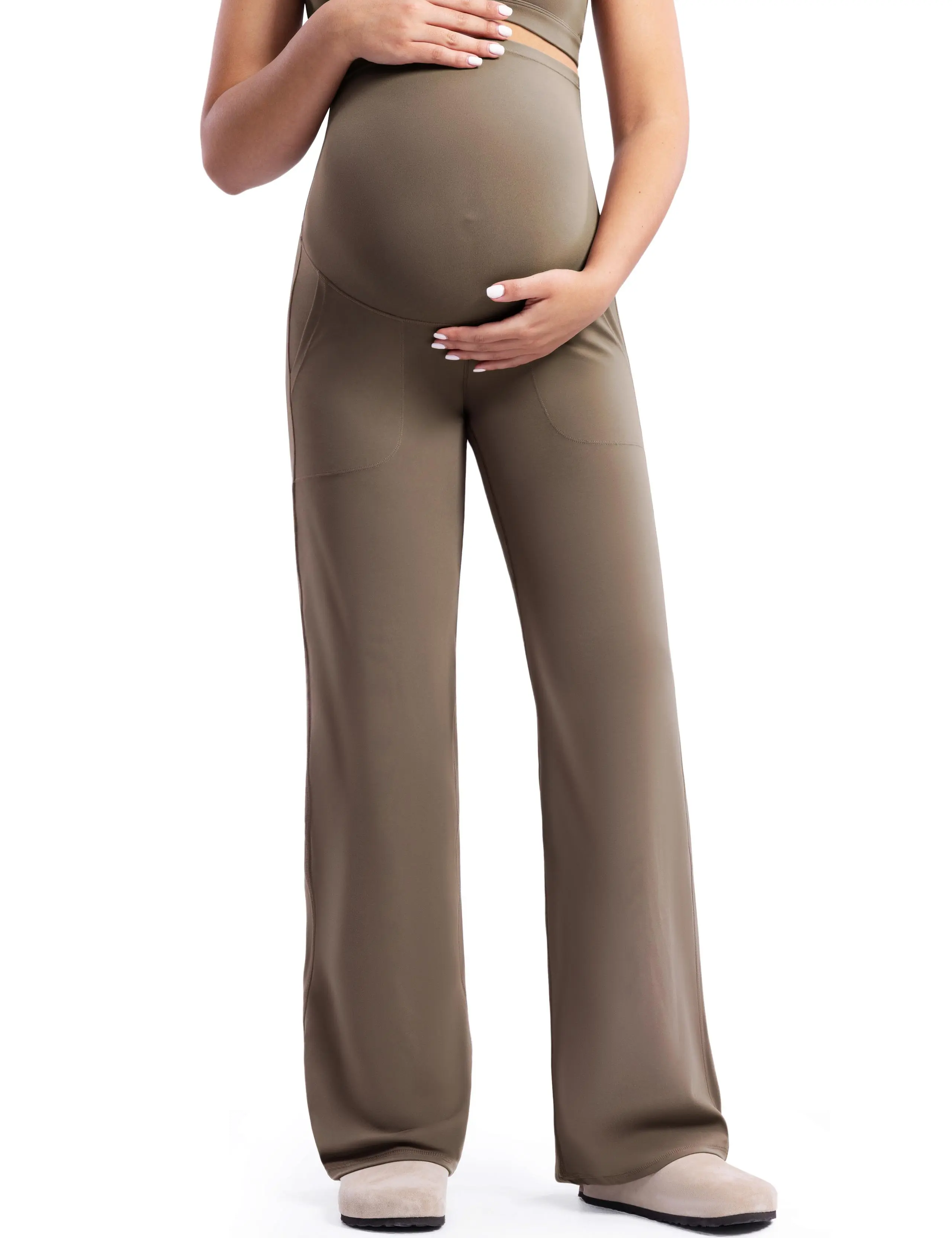 POSHDIVAH Women's Creamluxe Maternity Yoga Wide Leg Pants Petite/Regular/Tall Pregnancy Work Dress Sweatpants with Pockets Summervibes