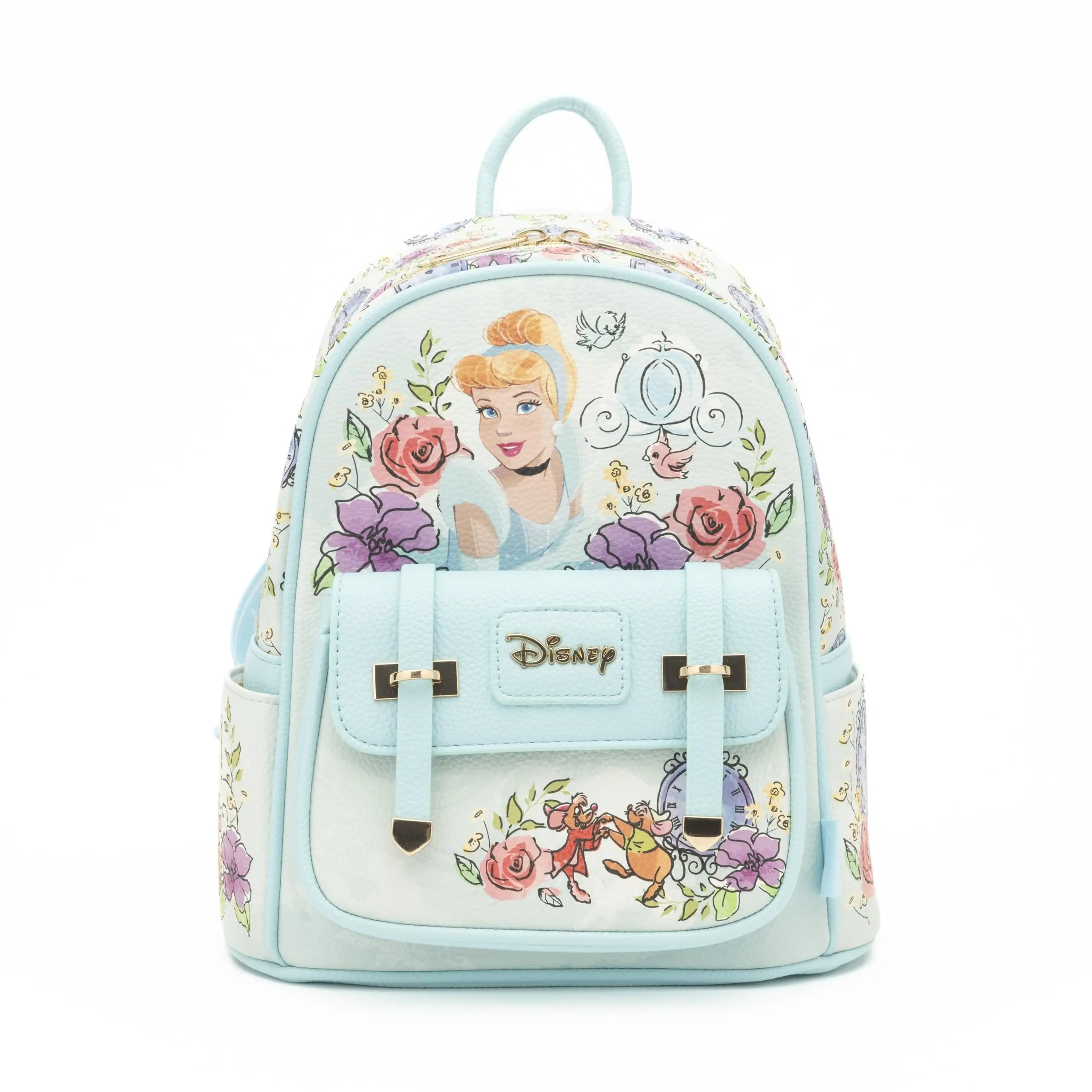 Whimsical Cinderella Unisex Mini Backpack in Soft Pebbled Vegan Leather, Limited Edition with Side Pockets & Magnetic Closure, Soft Pebbled Leather, Whimsical Designs, Custom Printed, Compact, 11" H X 9.5" W X 4.5" D