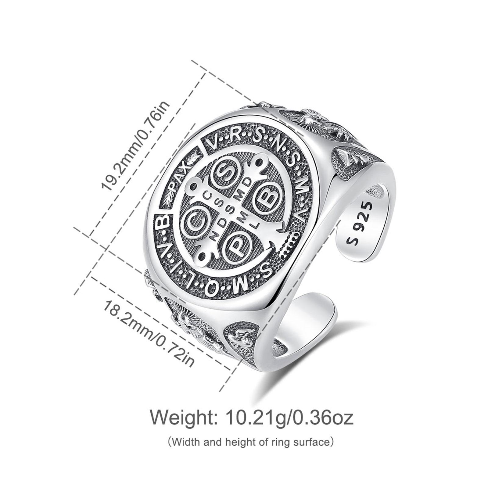 Eudora S925 Sliver Vintage Saint Benedict Ring, Adjustable St.Benedict Open Ring, Unisex Band with Benedictine Cross & Latin Inscriptions, Christian Jewelry Gift