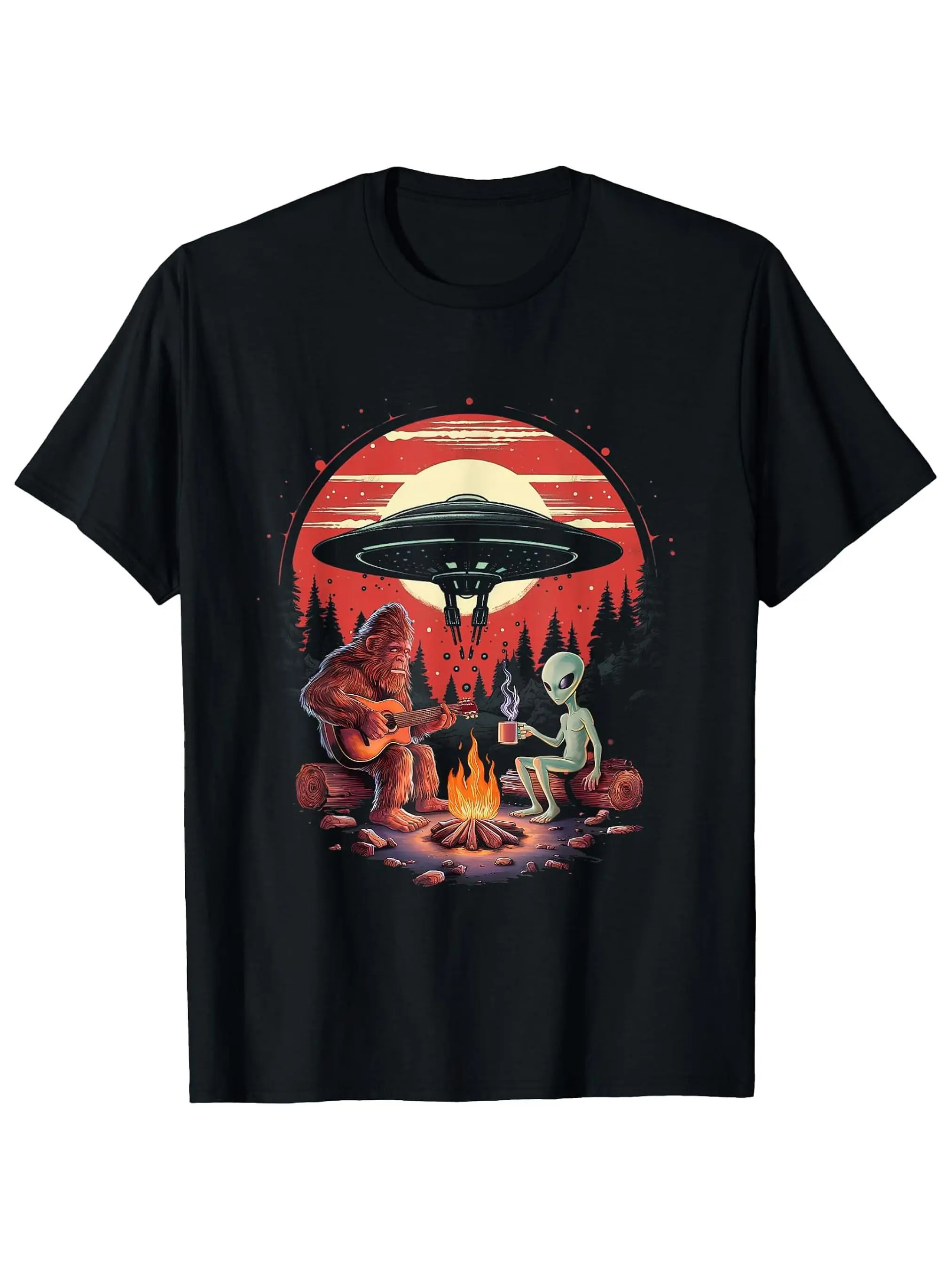 Men'S Cotton T-Shirt with Alien & Sasquatch Campfire Print - Casual Crew Neck, Short Sleeve Tee for Outdoor Enthusiasts