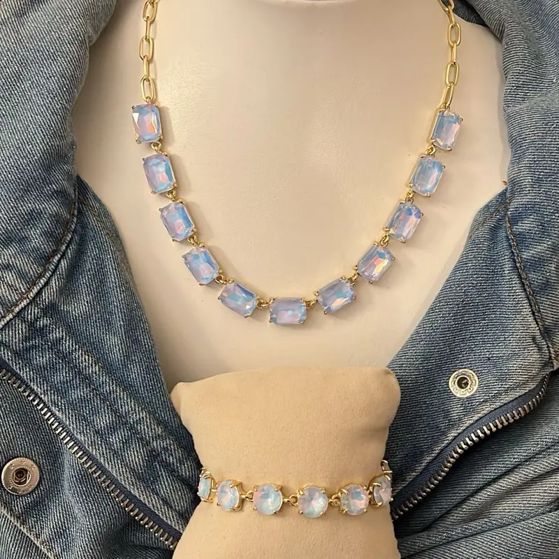 Rhyan Periwinkle Jewelry Set for Women, Everyday Gold-Tone Chain & Link Necklace and Bracelet with Blue Opal Stones, Choking Hazard Small Parts, Pbu Ab Blue Opal, Female, Matching Jewelry Set, Link Pattern, Rhyan Necklace Periwinkle