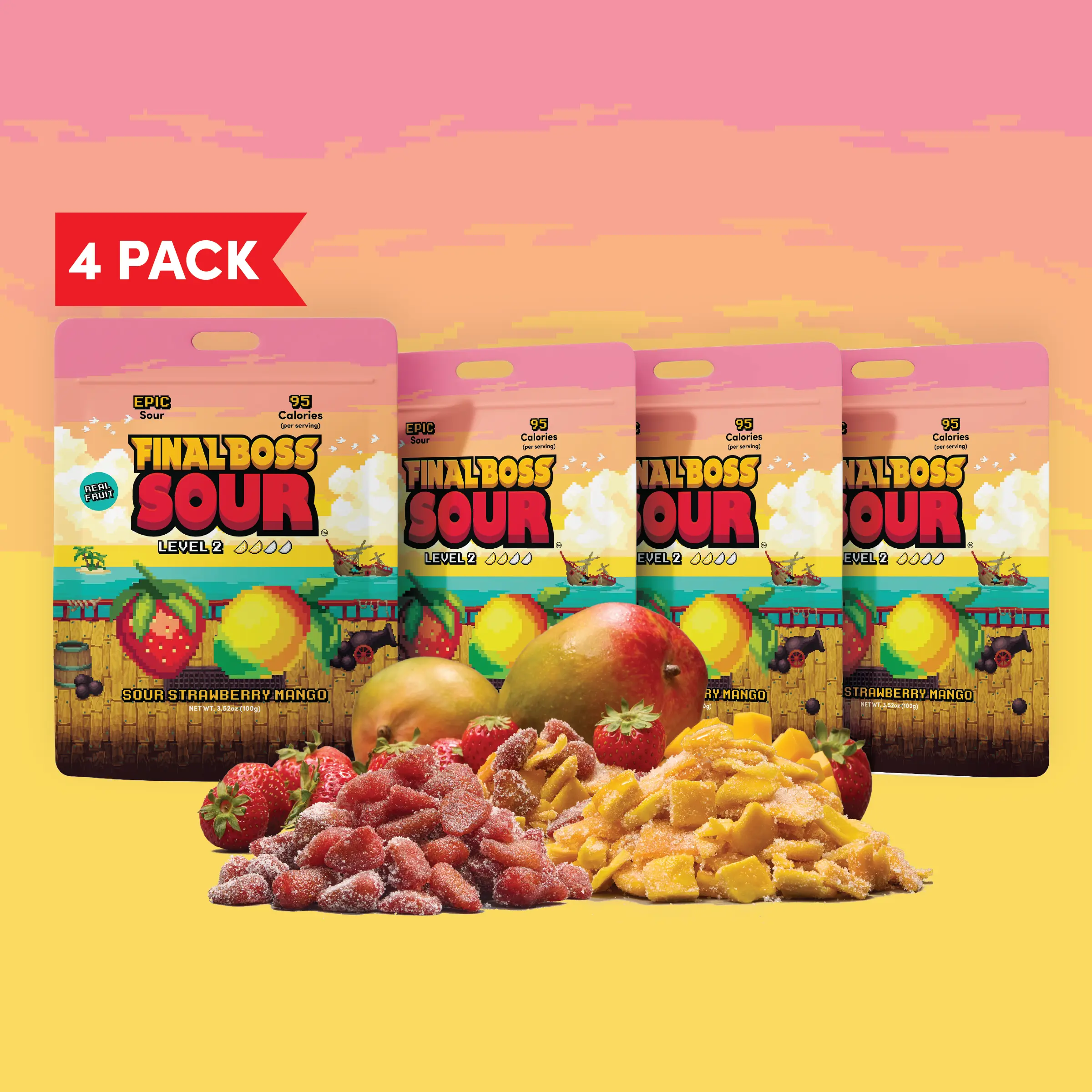 Final Boss Sour - Level 2 Sour Strawberry & Mango – 4-Pack Real Fruit Sour Snack (3.5oz Pouches)