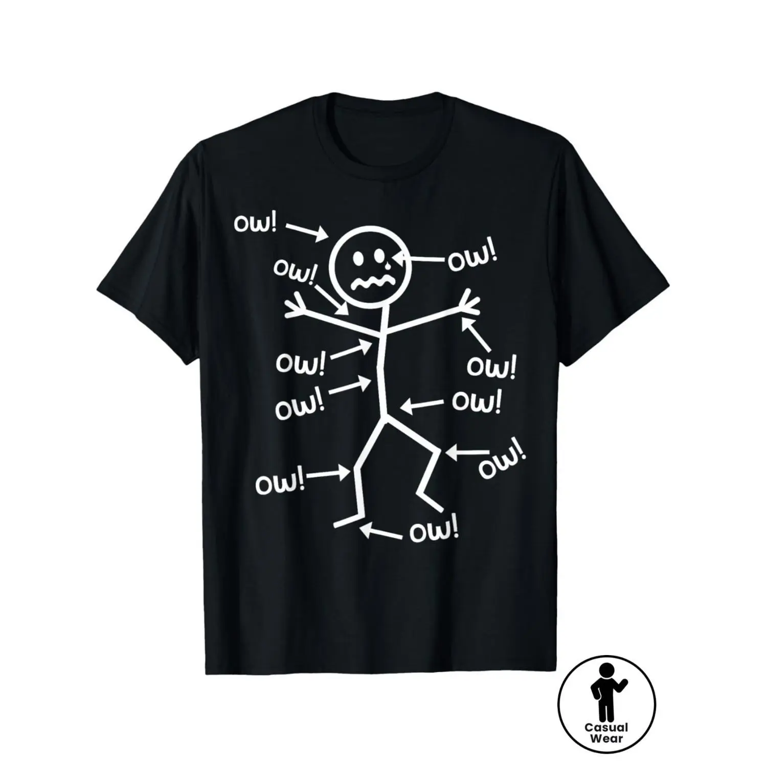 Shortsleeve Ribbed Full Cut Wash-Friendly Ow Stick Figure Cartoon Print T-Shirt - Relaxed Fit Humorous Print Casual Wear Top for Clumsy People, Gag/Birthday Gift, Classic Fabric Sports Top, Tshirt, Funny Shirts