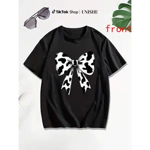 Stylish Cow Print Tee for Women – 100% Cotton, Coquette Bow Design, Casual Short Sleeve for Families