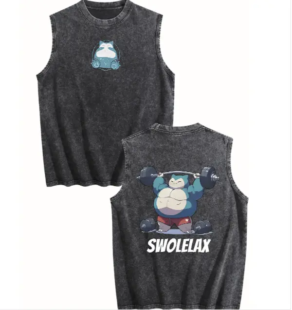Men's Oversized Snorlax Anime Graphic Gym Vest - Heavyweight Vintage Washed Cotton, Breathable Casual Sports Vest, Active Lifestyle Apparel, Street Wear Gym Clothes, Funny Anime Merchandise