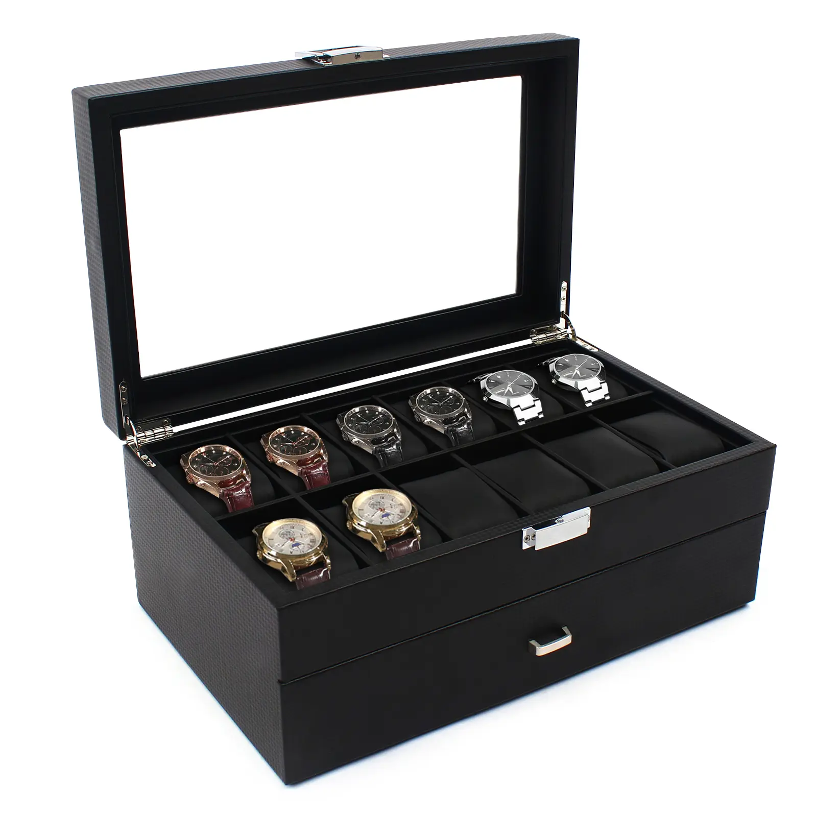 Rectangle 2-Layer 24-Slot Carbon Fiber Watch Bracelet Jewelry Box with Glass Lid, Latch, Dust-Proof, Soft Pillow Interior, Exquisite Workmanship, Home Organizer, Graduation Gift Idea