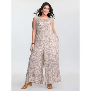 BLOOMCHIC Plus Size Micro Floral Print Back Tie Ruffled Hem Jumpsuit [M-6X]2026 Summer Vibes Swimweek
