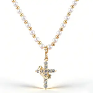 Mother's Day Gift Necklace for Mom - Diamond Crown Cross Pendant with Gold Plated & Imitation Pearl Chain, Elegant Women's Jewelry, Present for Her