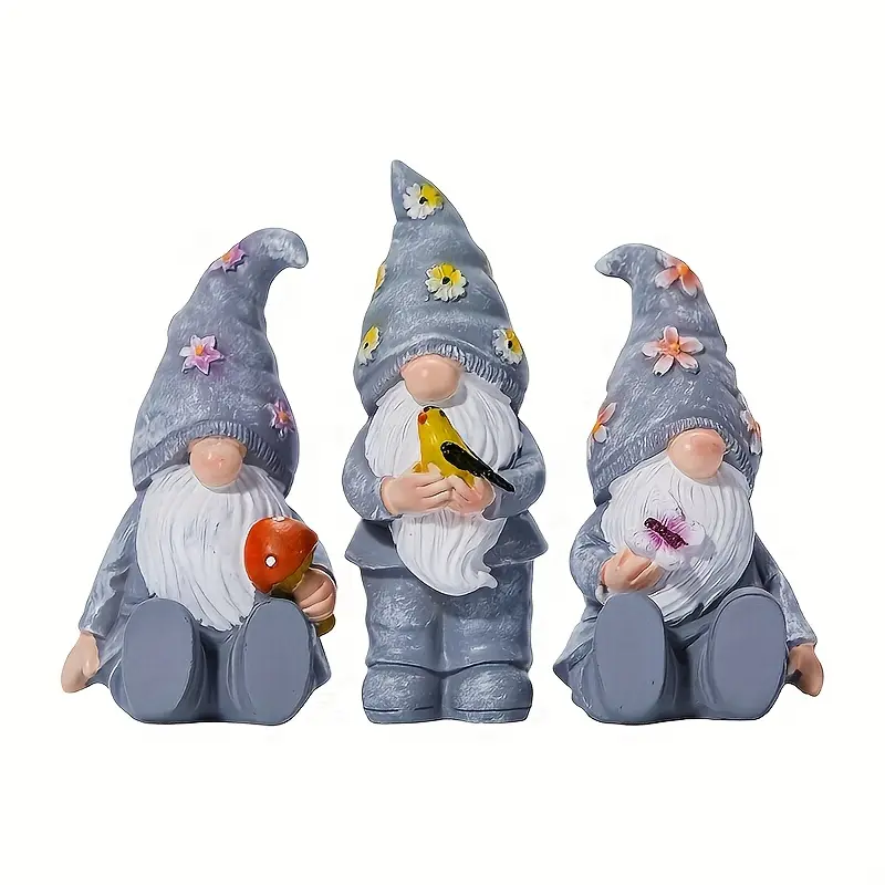 3 Resin Dwarf Garden Gnome Statues - Traditional American Country Style Fun Decorations with Butterflies, Birds, Mushrooms - for Thanksgiving, Christmas, Table or Shelf Home Decor
