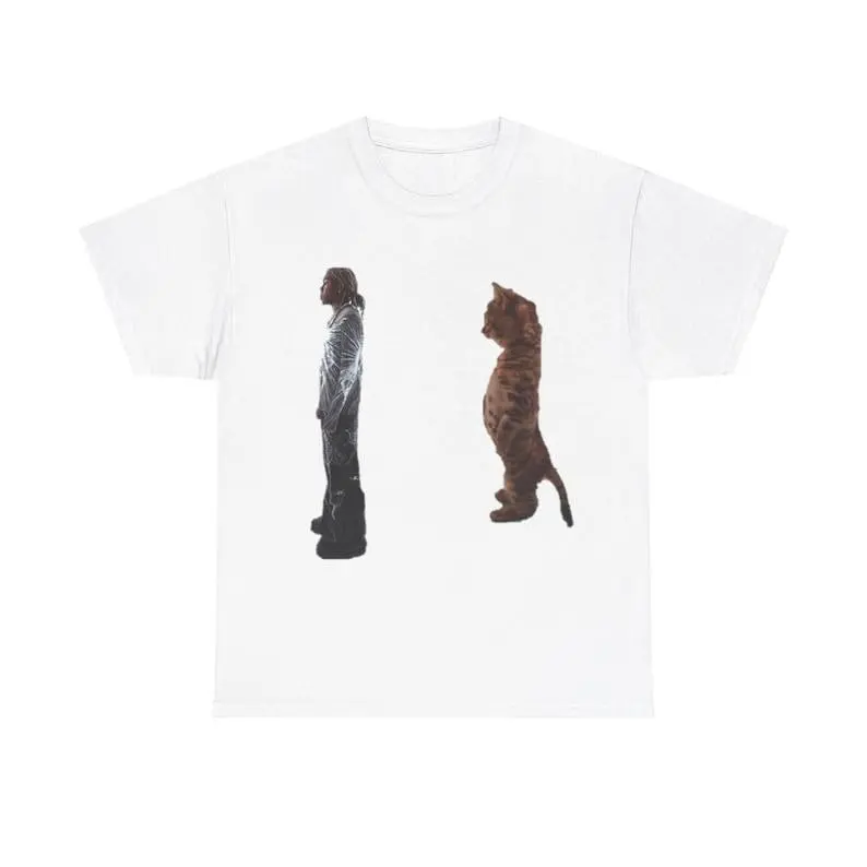 Men's Fitted Destroy Lonely Standing Kitty Cat Print Short-Sleeve Round Neck Funny Graphic T-Shirt - Casual Street Menswear Top, Chinese New Year Made-To-Order Fashion Apparel