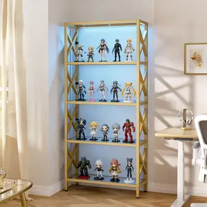 Homieasy 5-Tier Gold Bookshelf, Curio Cabinet Bookcase with LED Lights, Tempered Glass Display Shelf with Metal Frame, Luxury Display Cabinet Storage Organizer for Collectibles Living Room, Bedroom