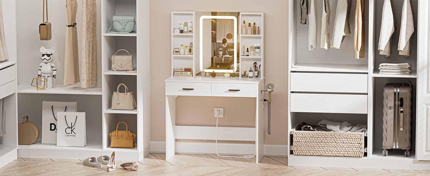 HOMMPA Vanity Desk with Mirror and Lights 35.4“W Makeup Desk with Drawers Vanity Table with 3 Color Lighted Mirror Makeup Table with Charging Station Modern Dressing Table for Bedroom White