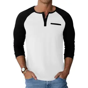 Runcati Mens Henley Shirts Raglan Long Sleeve Casual T-Shirts Color Block Button Shirt Vintage Tops with Pocket