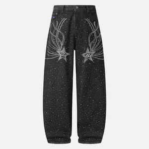 Aelfric Eden Rhinestone Star Baggy Jeans Barrel-Fit Oversized Star Rhinestone Embellishment Soft Denim All-Season Unisex Streetwear Pants