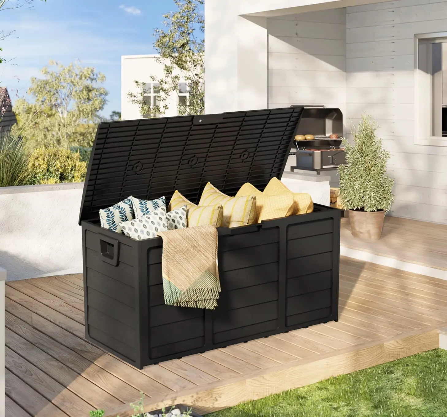 INTERGREAT 75 Gallon Outdoor Deck Storage Box - Heavy Duty Resin Container with Lockable Lid & Handles for Patio, Garden, Yard - Weatherproof #Summervibes