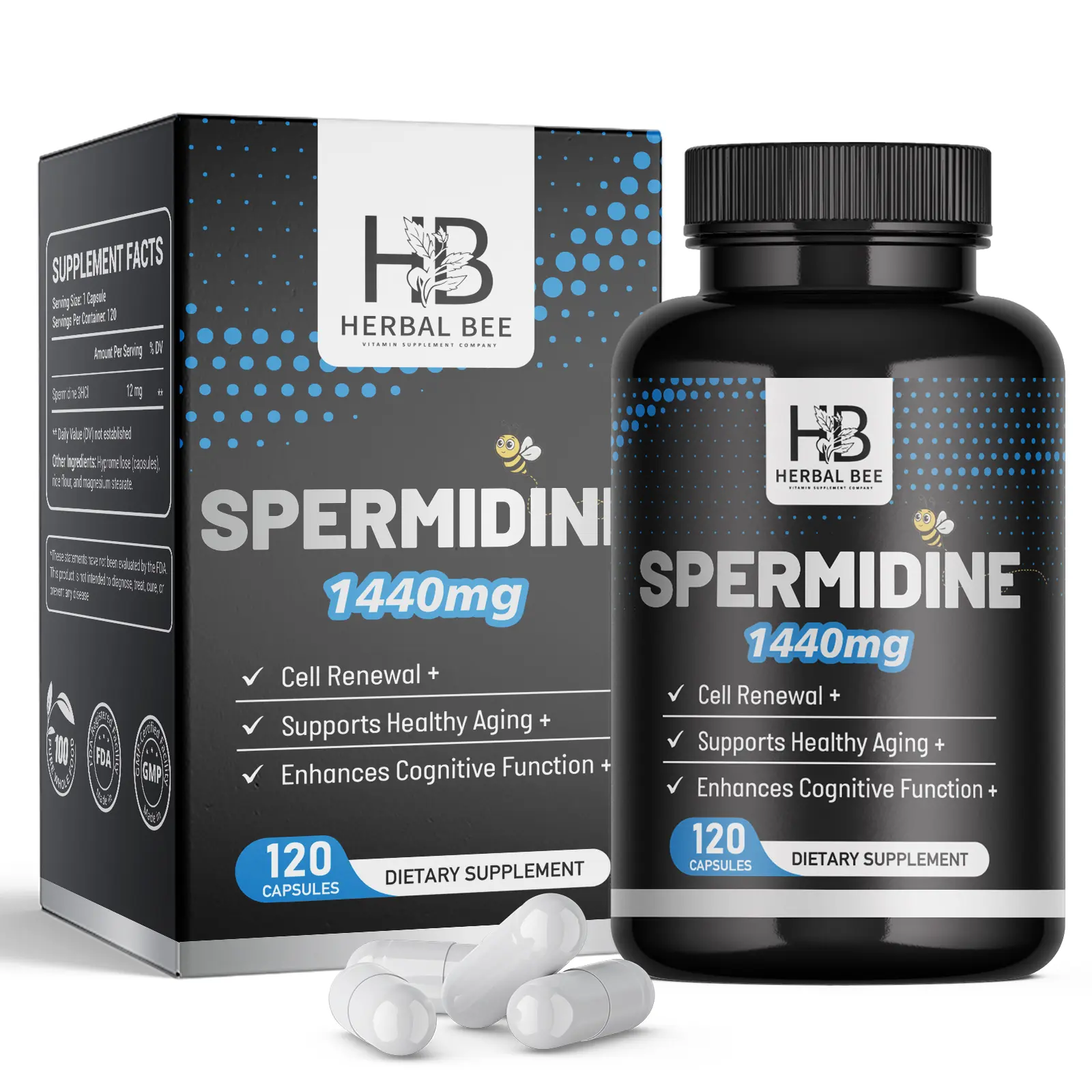 Herbal Bee Spermidine Supplement 1440mg – Supports Cell Renewal, Healthy Aging & Cognitive Function | 12mg Spermidine 3HCl Per Serving | Pure Whole Food, FDA Registered, GMP Certified | 120 Capsules