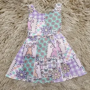 Sleeveless floral egg bow rabbit printed athletic dresses kids girls Easter wear