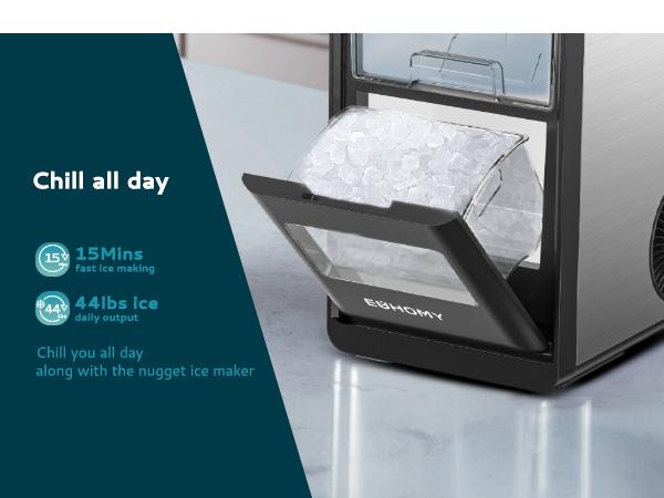 EUHOMY Nugget Ice Maker Countertop, 35Lbs/24H&44Lbs/24H Pebble Ice Maker Machine, Self-Cleaning Pellet Ice Machine with Ice Scoop&basket, Sonic Countertop Ice Machine for Home/Kitchen/Office(Black)