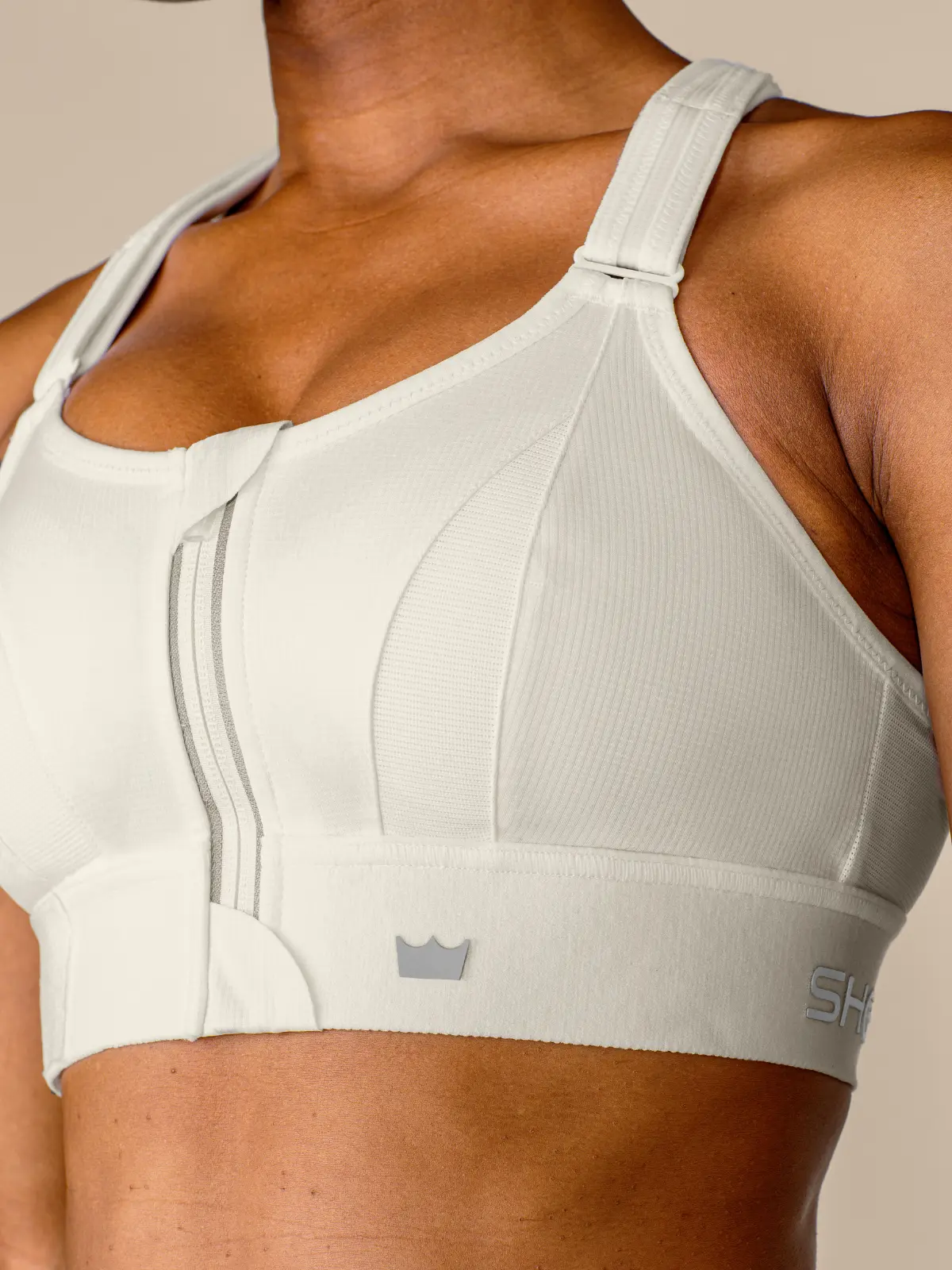 SHEFIT Ultimate Sports Bra - Ivory Drive, Exercise High Impact Bra with 15” Lift & 8” Cinch, Convertible Straps, Padded for Comfort, Wire-Free Support - Athletic Fitted
