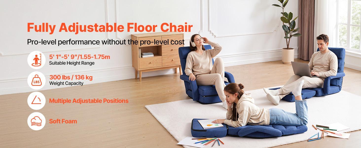 VEVOR Floor Chair, 5 Adjustable Positions Folding Floor Gaming Chair with Back Support, Armrests, and Cushion, Sturdy Metal Frame with Recycled Foam and Linen Fabric, for Reading, Relaxing, Dark Blue#BackToSchool