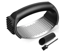 Garlic Press Rocker Set with Peeler & Cleaning Brush Stainless Steel Mincer Crusher Easy Kitchen Gadget for Effortless Smashing Essential Utensils