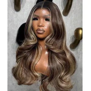 Brown Blonde Highlight Lace Front Human Hair Body Wave 13X4 13X6 Lace Frontal Wig 5X5 Lace Closure Wigs 180% Denisity Pre Plucked For Women