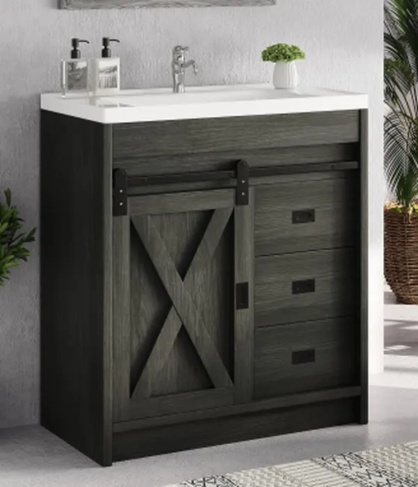 HOMBCK Farmhouse Bathroom Vanity with Sink - Small Bathroom Cupboard with 2 Drawers, Sliding Barn Door & Sliding Door Storage Cabinets, Barn Door Cabinets