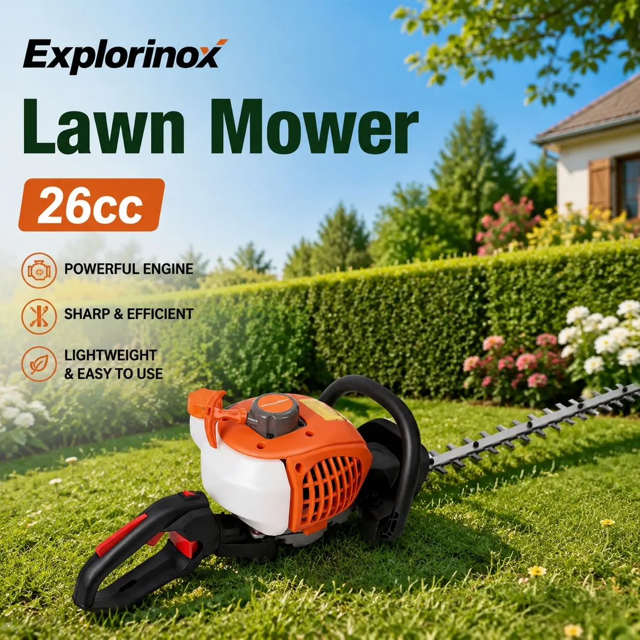 Explorinox Dual Sided Hedge Trimmer, 26CC Gas Powered Weed Trimmer, Cordless Hedge Trimmer, 2-Stroke Brush Cutter, Handheld Chainsaw Hedge Pruner