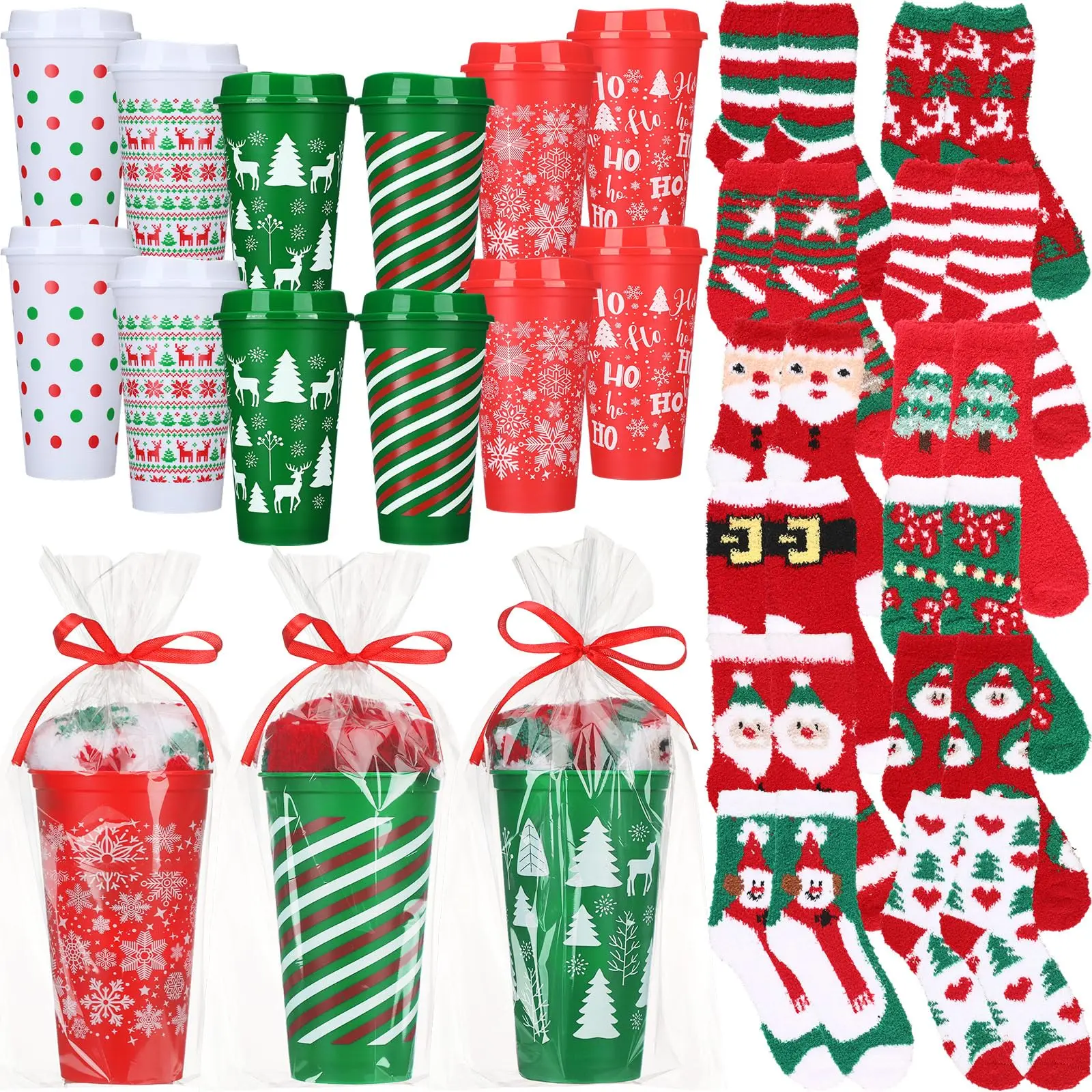 12-Piece Christmas Gift Sets, Packaged Party Gifts with 16oz Christmas Coffee Cups, Fuzzy Socks, Packaging Bags & Ribbons for Coworkers, Ideal for Holiday Baskets & Wrapping (Cute Prints Included)