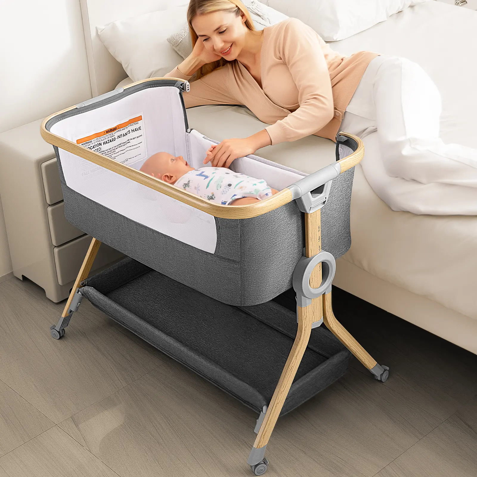 Larex 3 in 1 Baby Bassinet Bedside Sleeper Crib, Breathable Mesh Safe Bedside Bassinet for Baby, Easy Assemble & Folding Portable Bassinet, 5 Height Adjustable Bedside Crib with Storage Basket, Mattress ,SohoChic