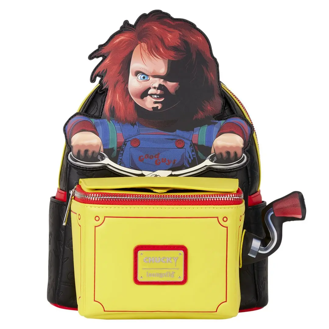 Loungefly Chucky Cosplay Faux Leather Mini Backpack - Functional Bag with Pop-Up Clown, Debossed "Wanna Play" Text, and Applique Details, Eerie Feel, Casual, 9” W X 10.5” H X 4.5” D, Lightweight, Adults, Collectibles, 9"X10.5" Mini Fit, Horror‑Fan Flair