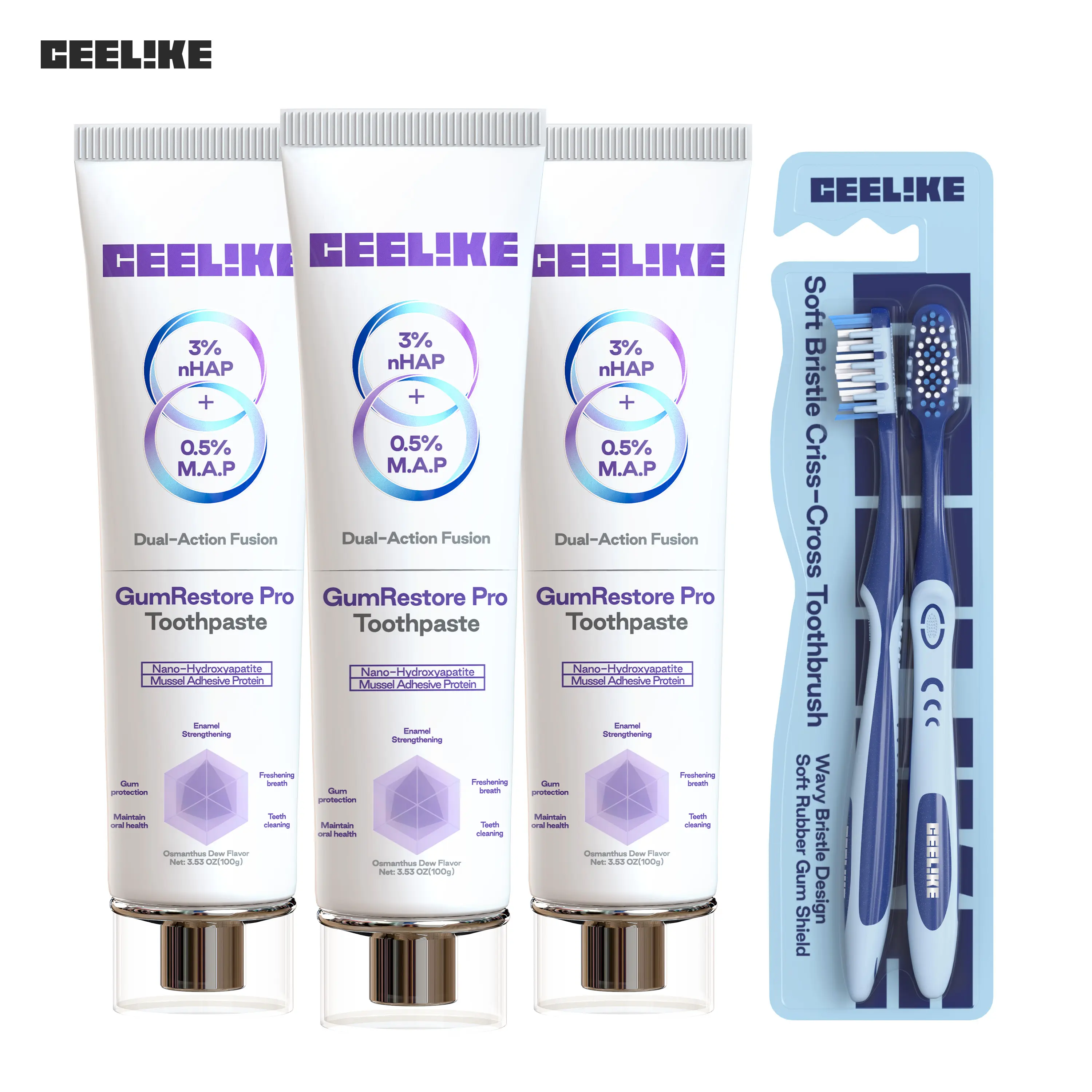 【live only】CEELIKE 3 Tubes GumRestore Pro Toothpaste + Toothbrush | Effective Teeth-Cleaning Combo Gum Care Repair