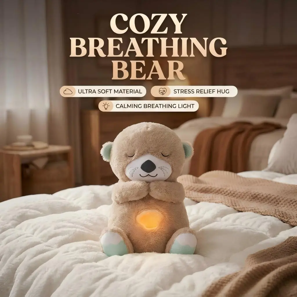 （*The switch is on the right foot.）Sound Machine Breathing Otter Plush Toy with Rhythmic Movements & Music for Baby Sleep - Gentle Hug & Four Gear Adjustment for Soothing & Relaxation Anxiety Relief Stuffed Cuddly Teddy Bear