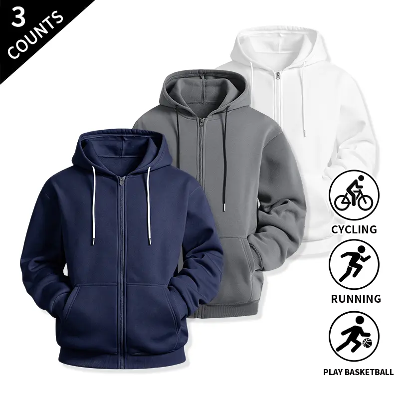 3-Pack Unisex Full-Zip Hooded Lightweight Athletic Jackets — Minimal Solid Design with Pockets, Outer Tops for Daily Sports and Casual Outfits